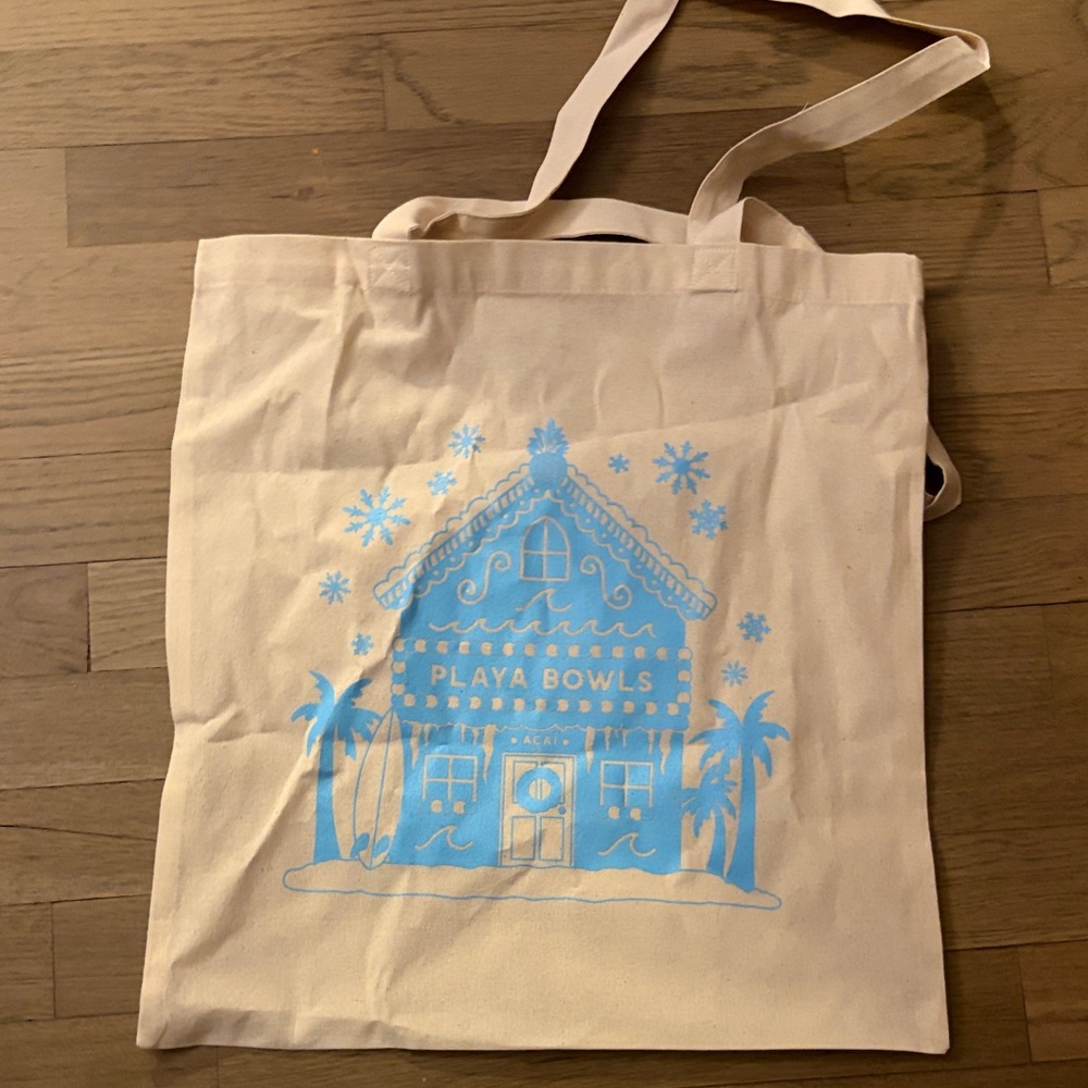 Playabols Cream Tote Bag with Blue Christmas Design